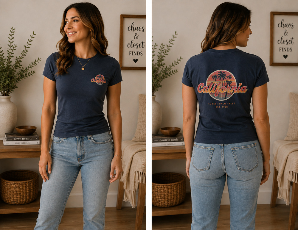 Vintage 90s California Sunset Palm Tree Graphic Tee Single Stitch Navy Medium